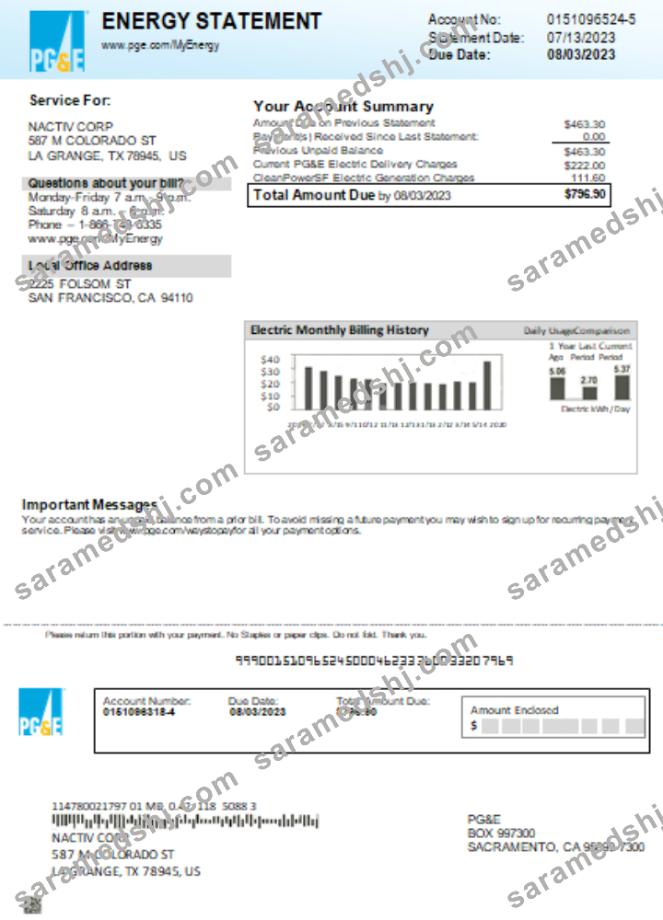 California PG&E electricity utility business bill, SCR